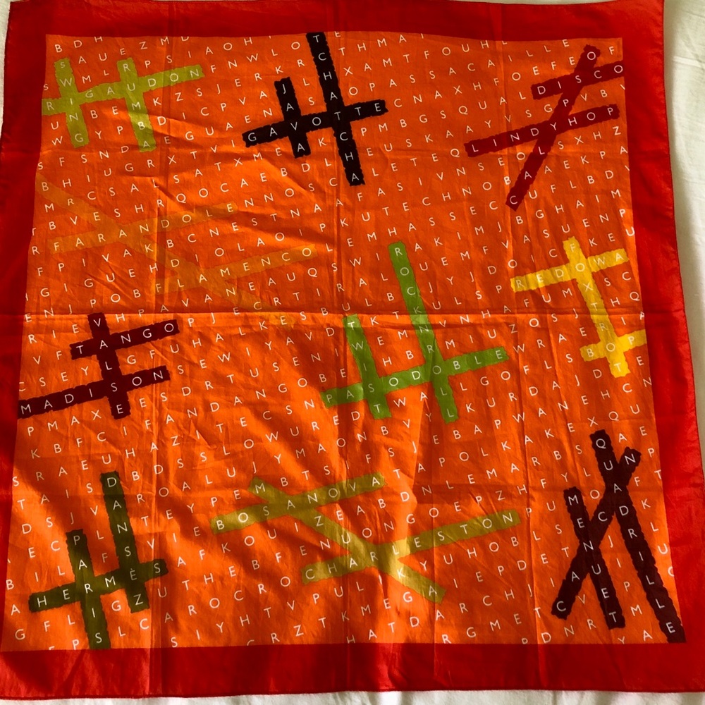 Orange Hermes Cotton Bandana Scarf with Letter Grid “Dansez”